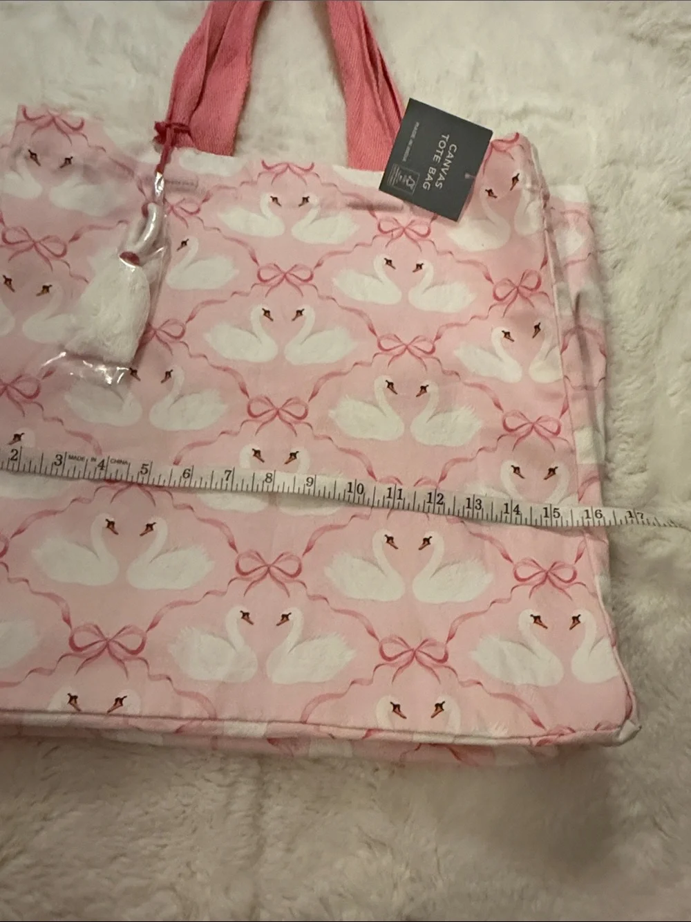 NWT, The Farmhouse Pink Swan Print Tote Bag with Tassel Accent
